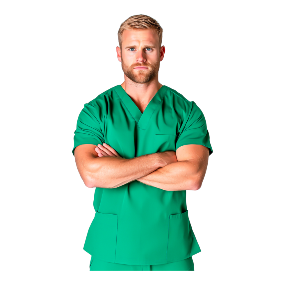 Confident Male Healthcare Professional in Green Scrubs with Arms Crossed png