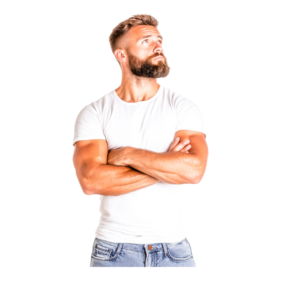 Thoughtful man with beard in white t-shirt looking upwards thoughtfully png