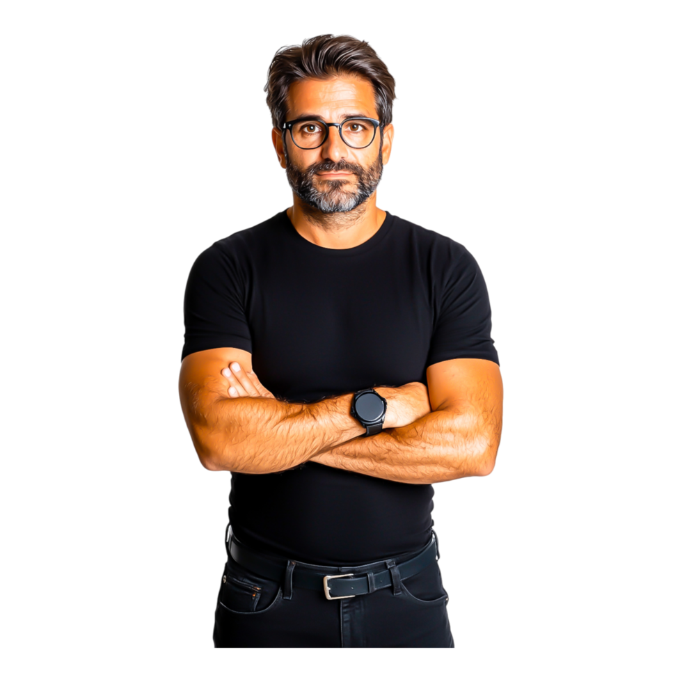 Confident Man in Black T-Shirt with Stylish Look and Glasses png