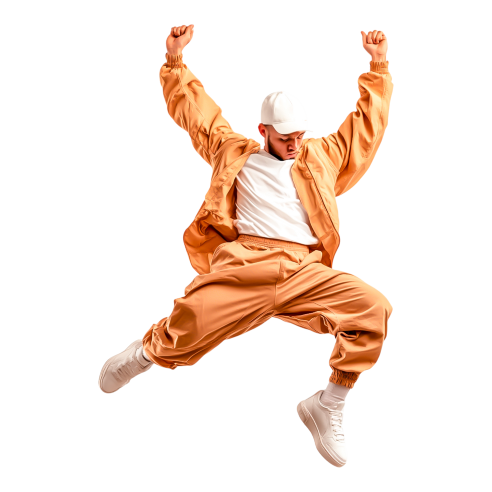 Energetic Young Man Jumping in Orange Outfit Against png