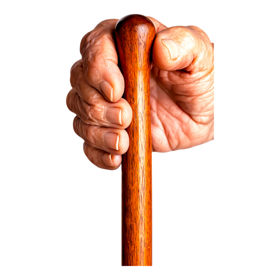 Elderly Hand Gripping Wooden Cane with Textured Details and Light png