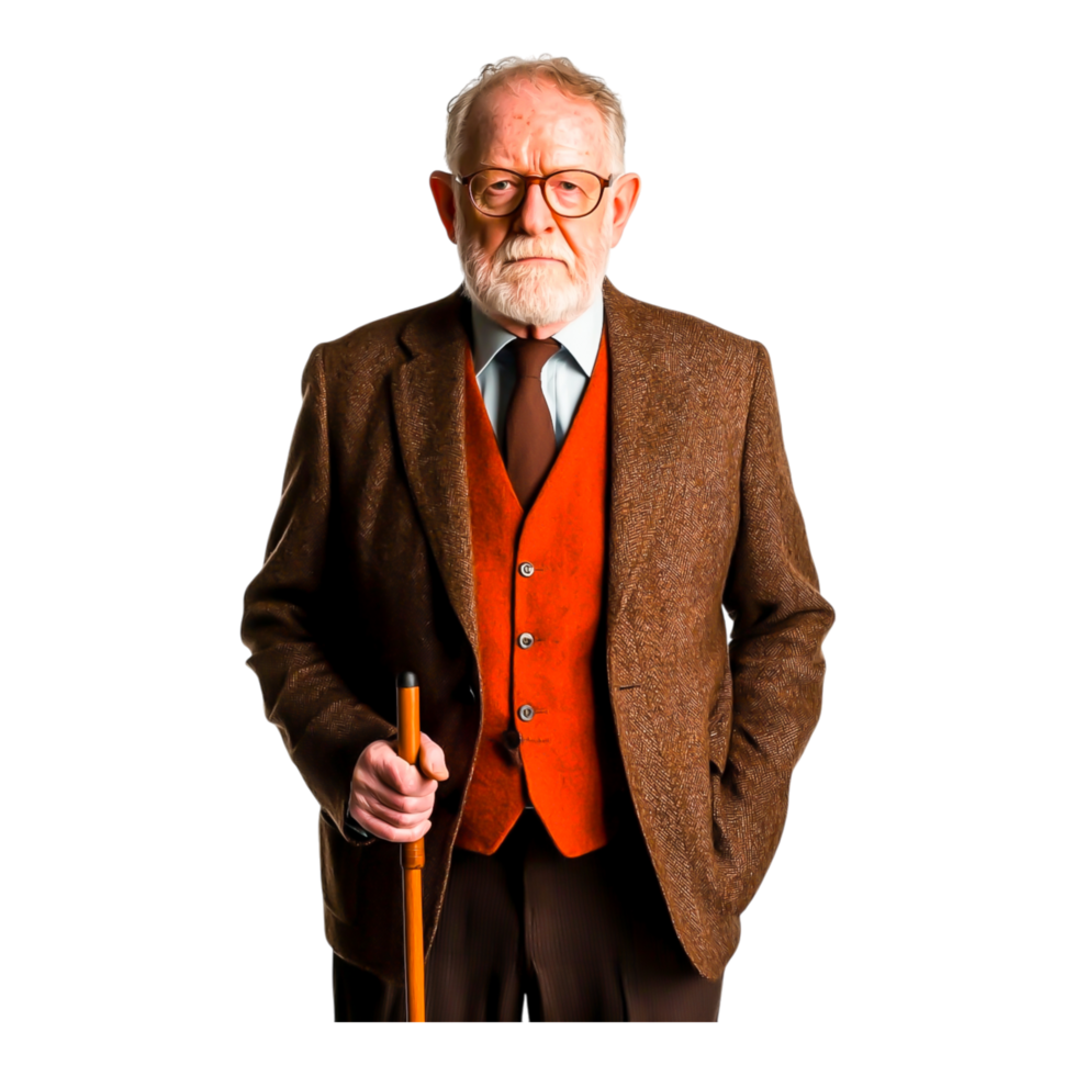 Elderly man standing with cane in stylish vintage attire, indoors png
