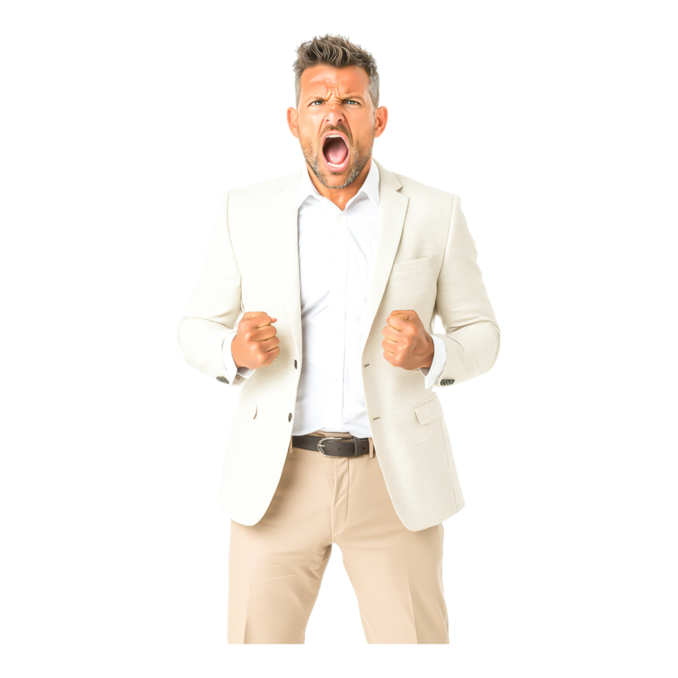Businessman in White Suit Expressing Anger and Frustration Emotion png