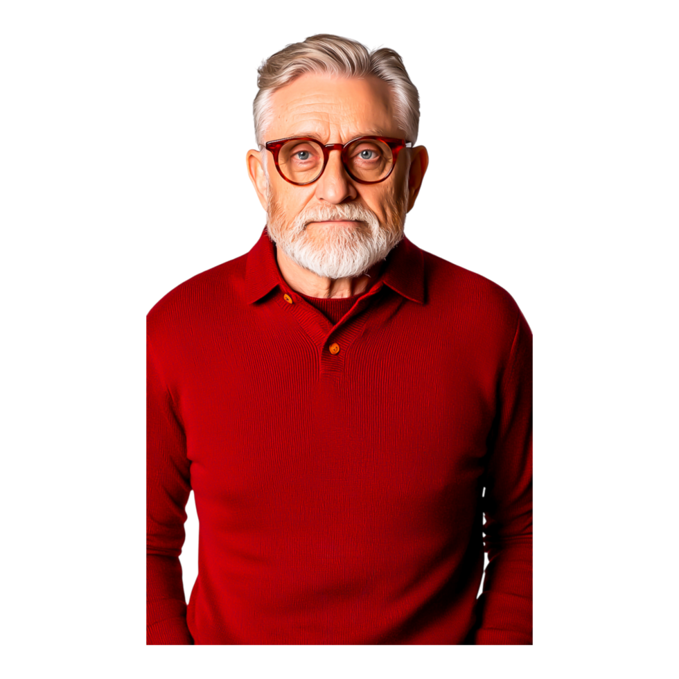 Thoughtful Senior Man in Red Sweater and Glasses Posing for Portrait png