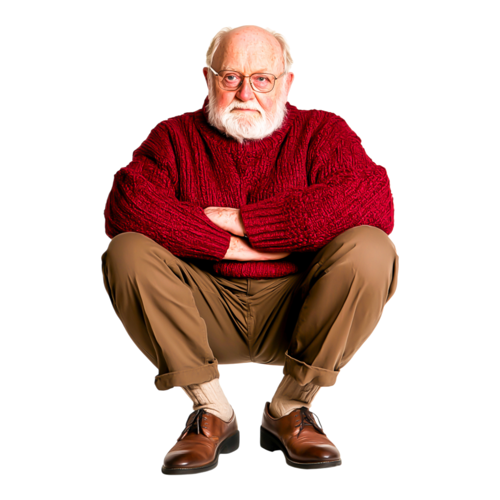 Elderly man in red sweater squatting with thoughtful expression png