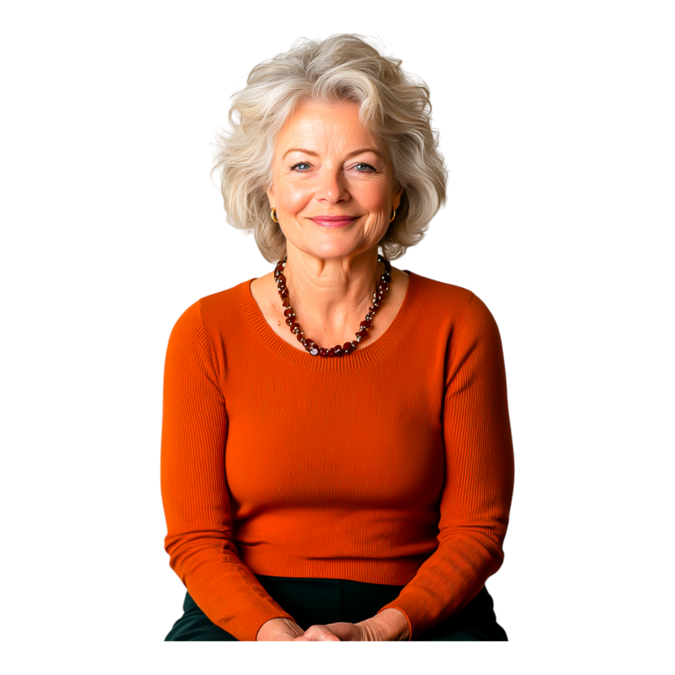 Confident Mature Woman Smiling in Bright Orange Sweater Portrait png