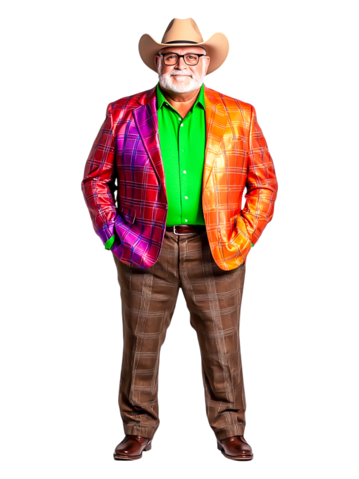 Vibrant Fashion Style with Cowboy Hat and Colorful Suit for Unique Look png