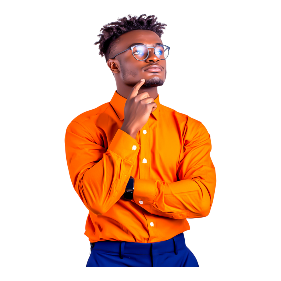 Confident Young Man in Orange Shirt Pondering with Thoughtful Expression png