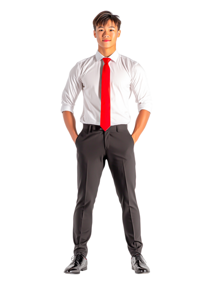 Confident Young Man in Formal Attire with Red Tie and Stylish Pose png