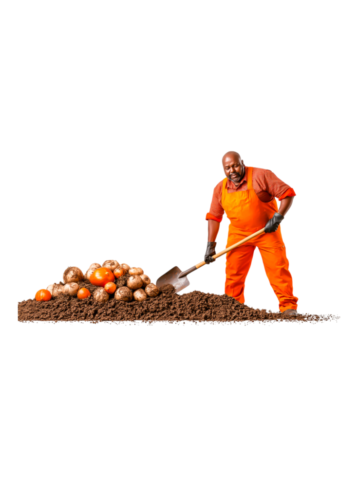 Farmer Digging Soil with Fresh Vegetables and Happy Expression png