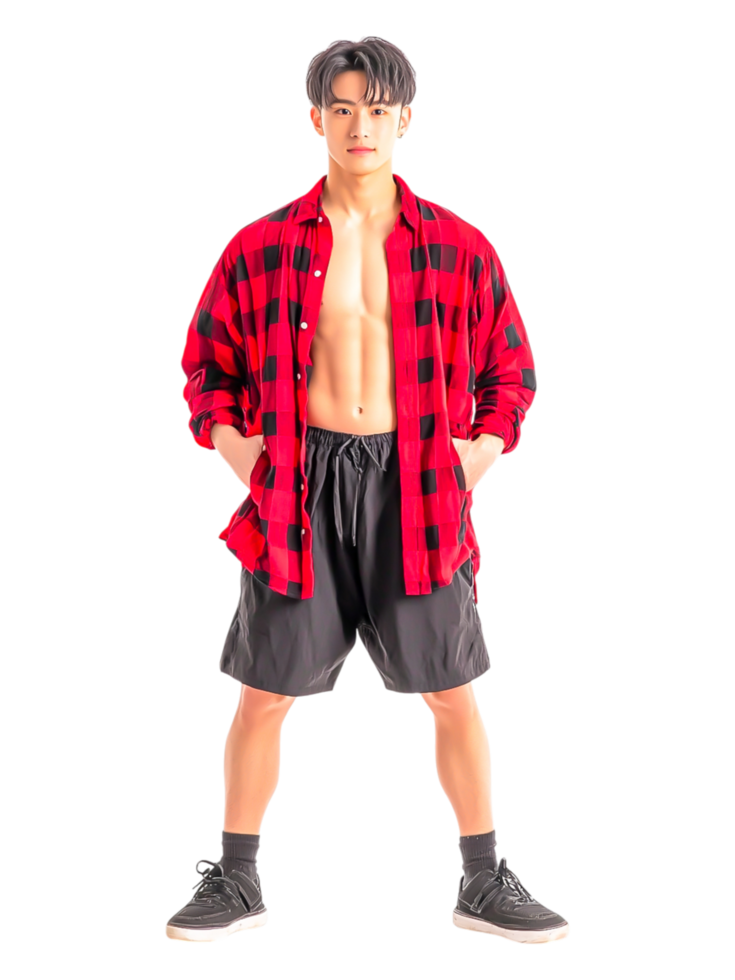 Confident young man in checkered shirt standing in athletic pose png
