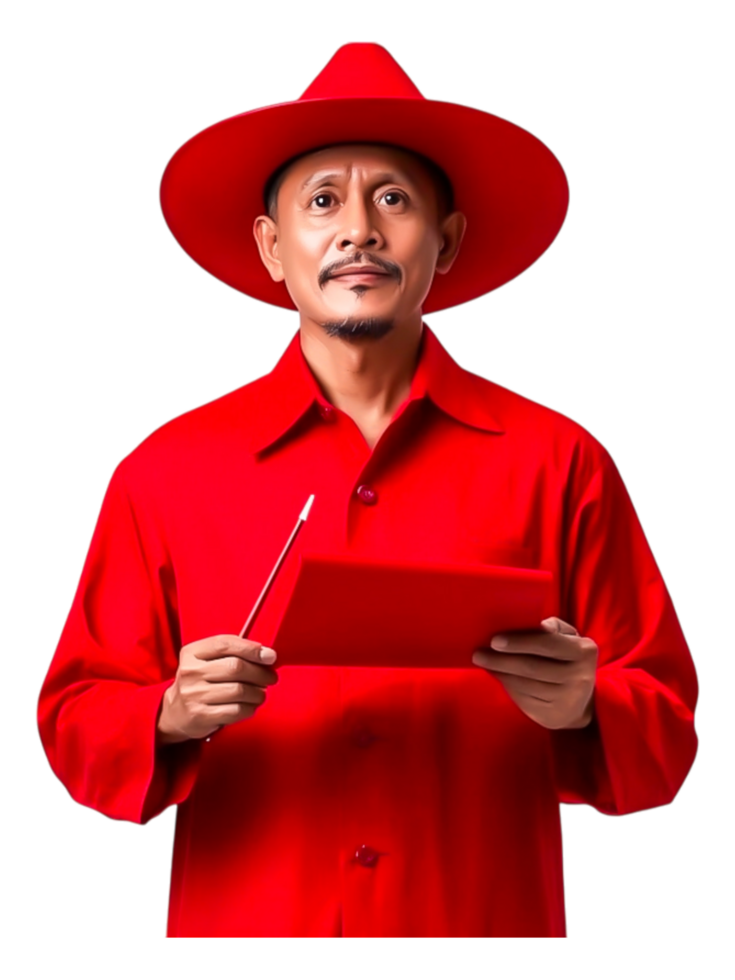 Man in Red Suit Holding Red Paper and Looking Thoughtfully Ahead png