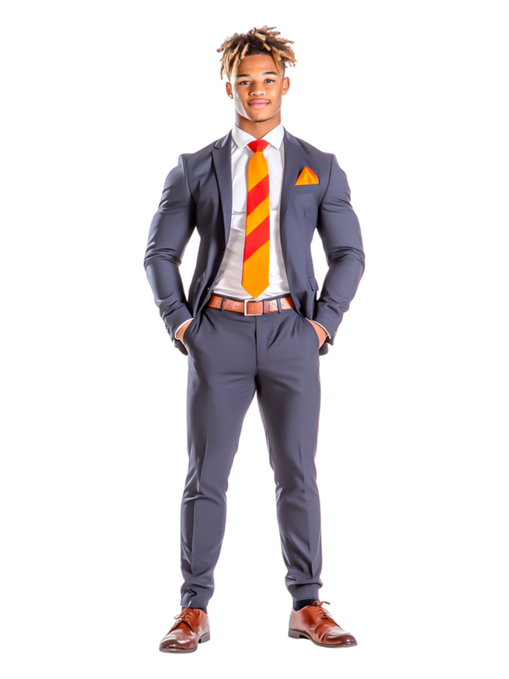 Young Man in Stylish Suit with Bold Tie and Confident Pose png