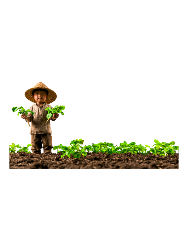 Young Child Gardening in Field Holding Fresh Green Seedlings png