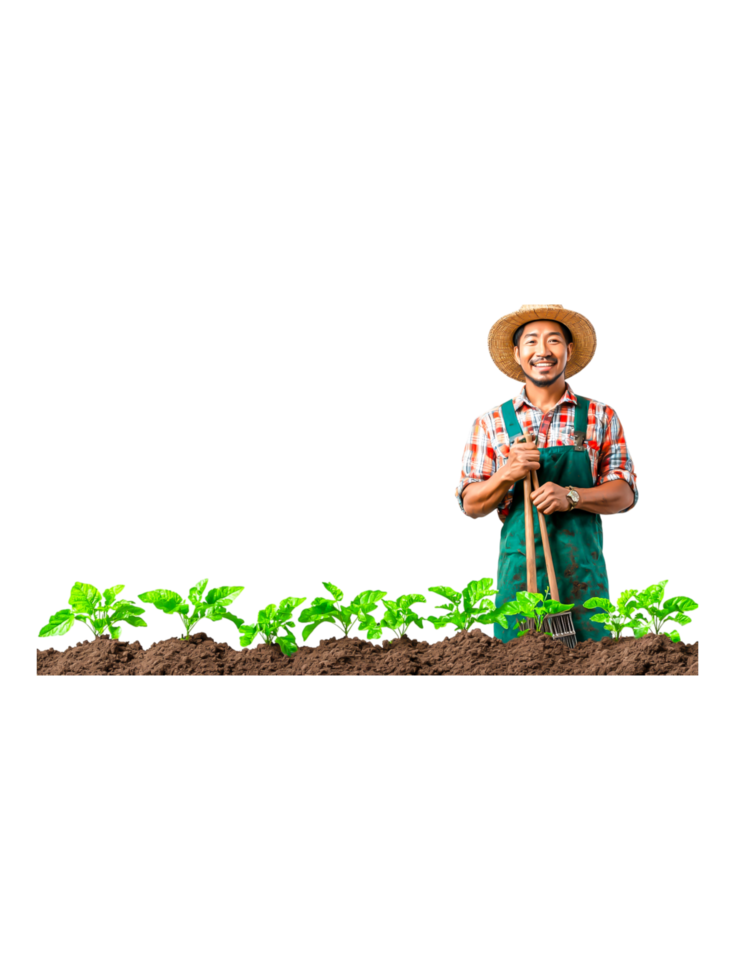 Joyful Gardener Smiling Amidst Lush Green Vegetables in Garden png
