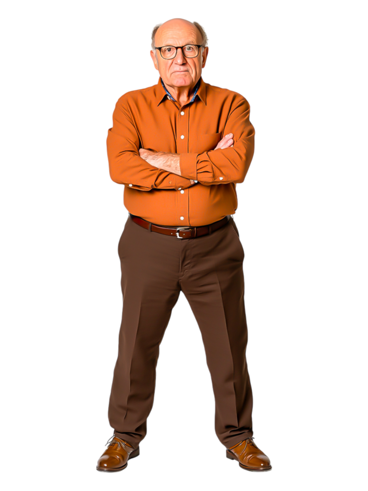 Confident Senior Man with Arms Crossed in Stylish Orange Shirt png