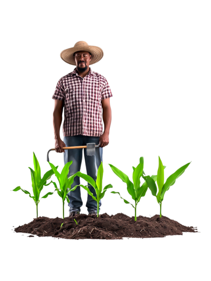 Smiling Farmer in Traditional Hat Standing Among Growing Corn Plants png
