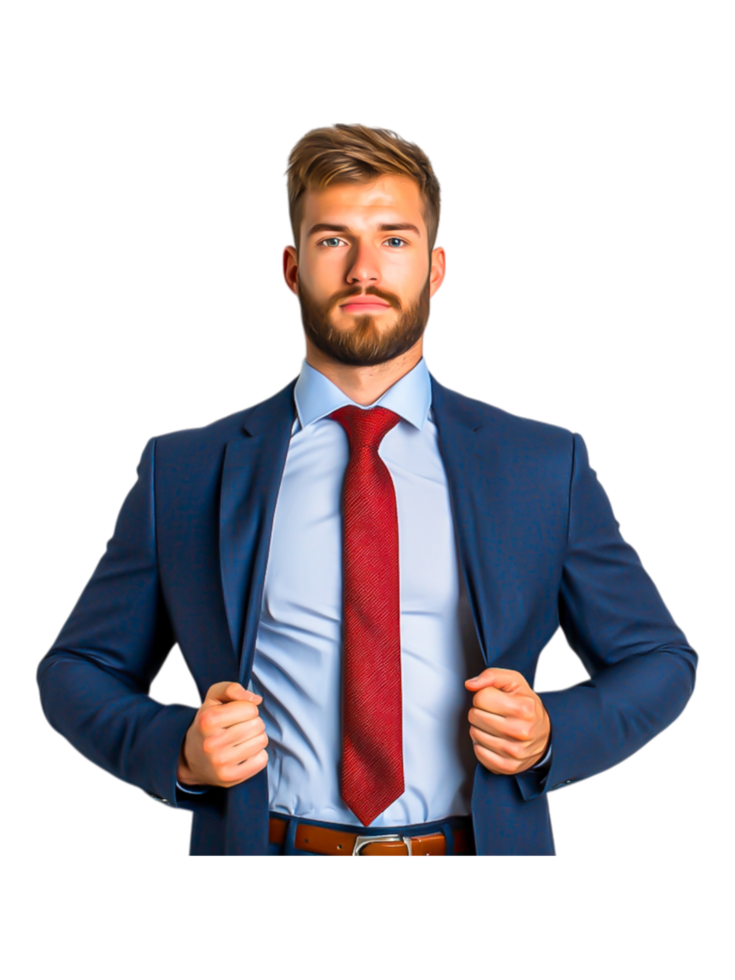 Confident businessman adjusting suit jacket with stylish attire png