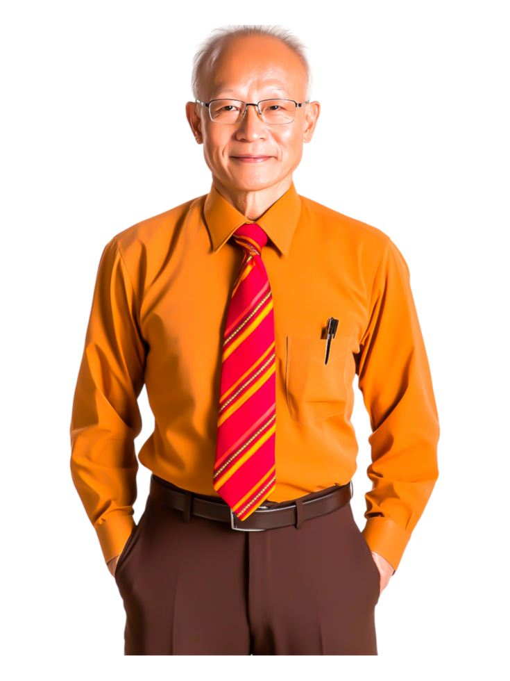 Confident Older Man in Orange Shirt and Striped Tie Smiling Portrait png