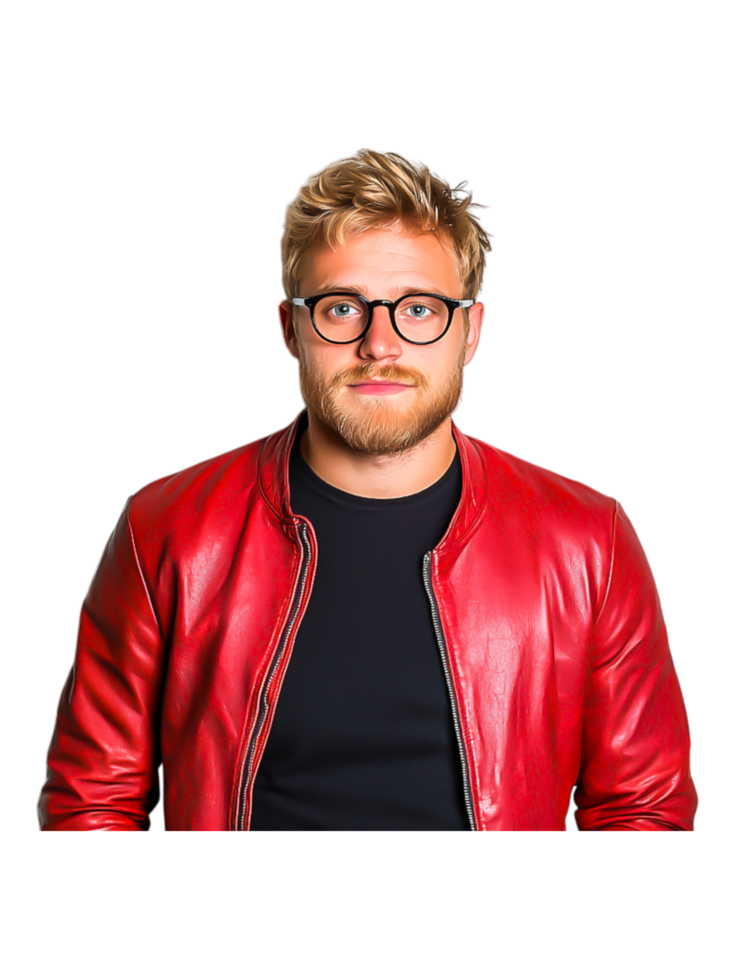 Stylish Young Man in Red Leather Jacket with Glasses and Soft Smile png