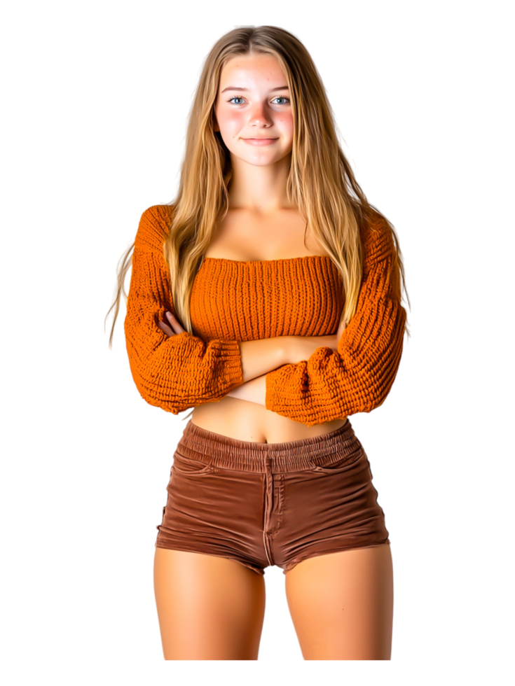 Confident Young Woman in Cozy Sweater and Short Pants Pose png