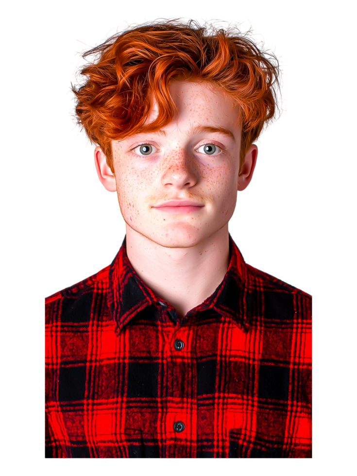 Young Boy with Freckles and Red Hair in Plaid Shirt Portrait png