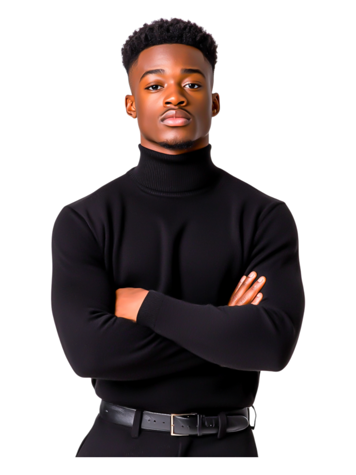 Confident Young Man in Black Turtleneck Sweater Posing Stylishly png