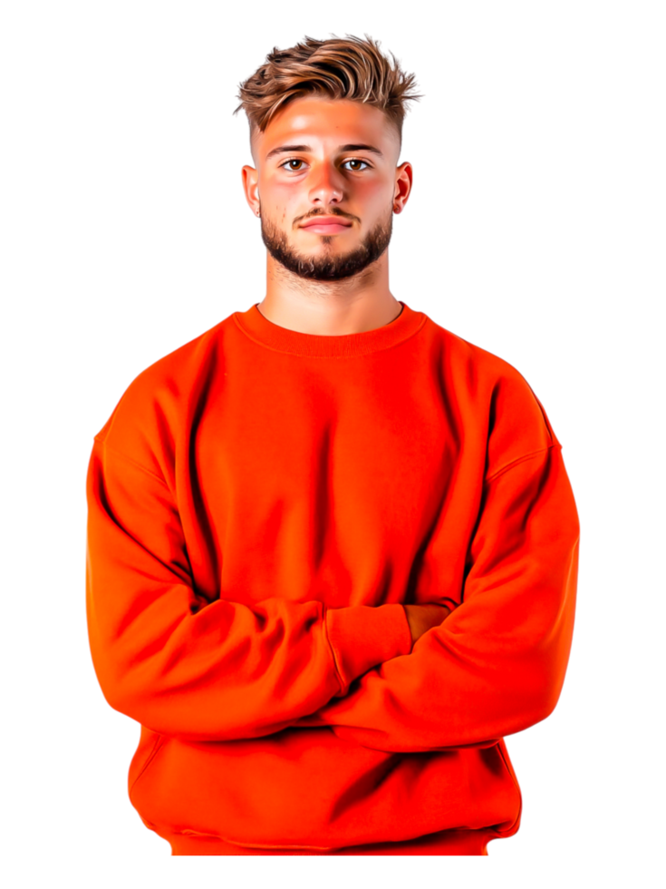 Young Man in Bright Orange Sweater with Confident Expression png