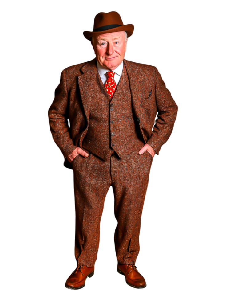 Stylish elderly man in brown suit with hat and colorful tie png