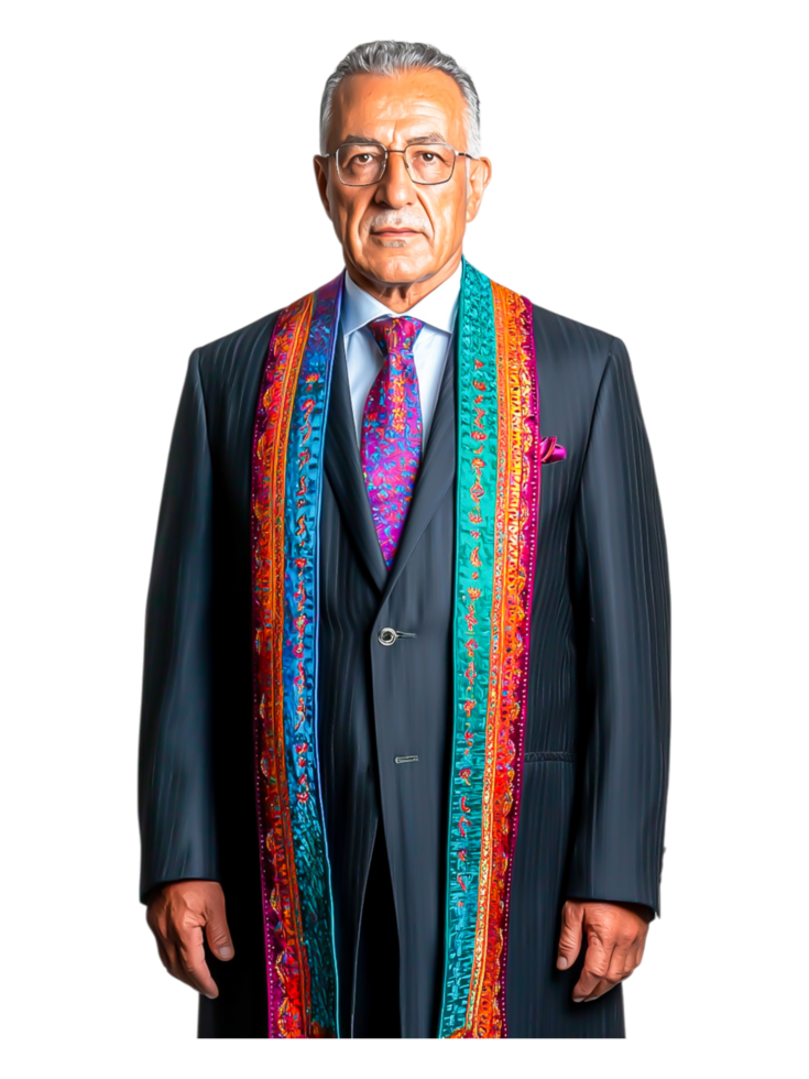 Elegant Man in Formal Attire with Colorful Shawl and Tie png