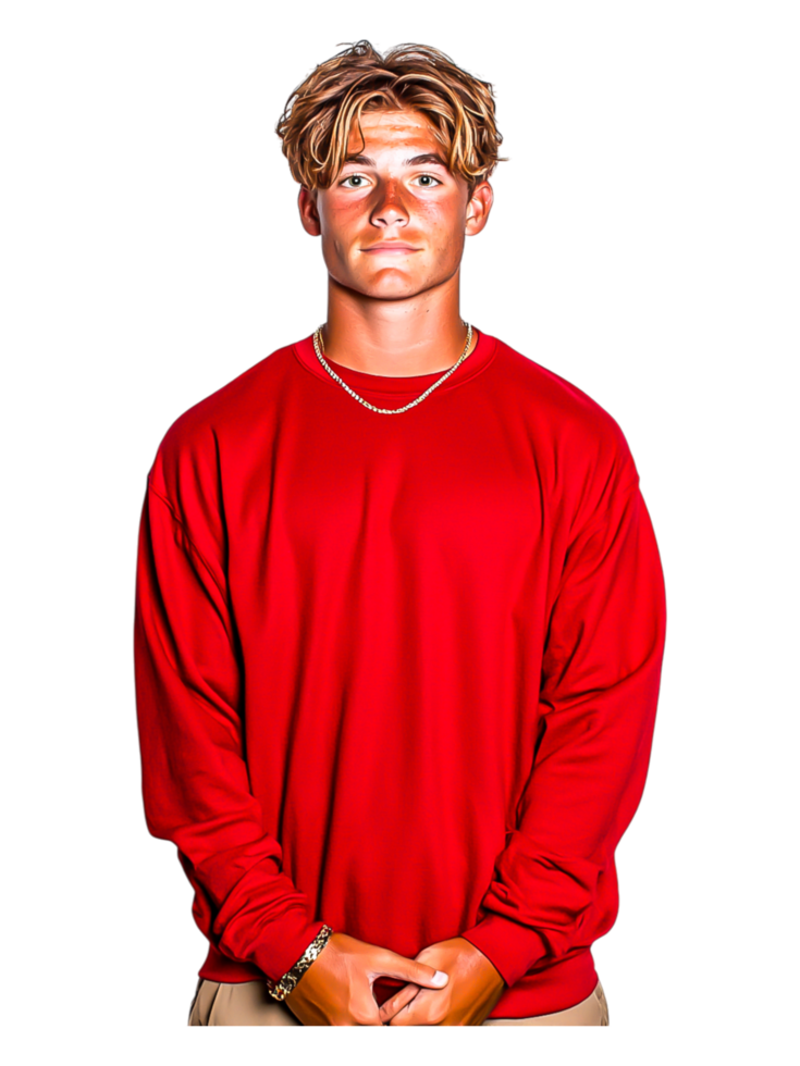 Young man in red sweatshirt with casual expression and stance png