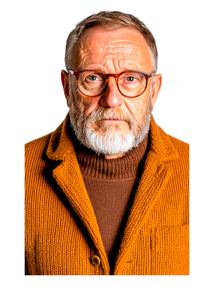 Mature man with beard and glasses wearing stylish brown sweater png