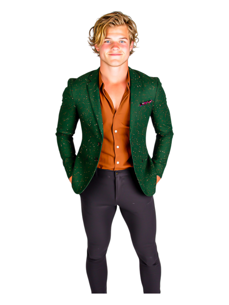 Jeune homme dans élégant vert costume avec marron chemise permanent en toute confiance png