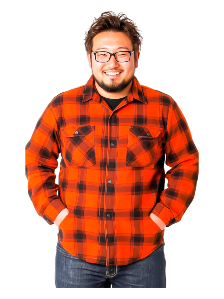 Happy Man in Flannel Shirt Smiling with Confidence and Style png