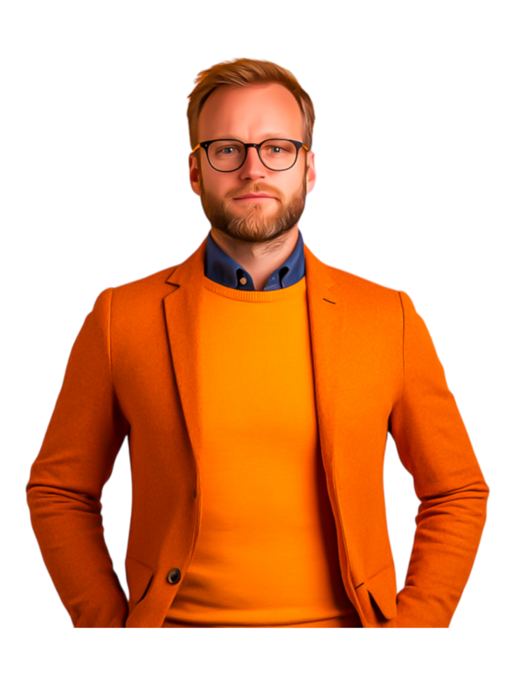 Confident man in stylish orange suit with glasses and beard png