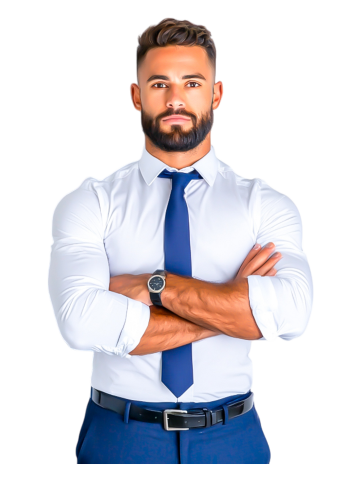 Confident businessman with crossed arms in formal attire against white png