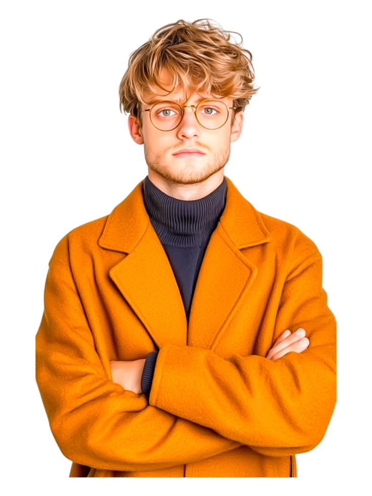 Young Man in Orange Coat with Stylish Glasses and Serious Expression png