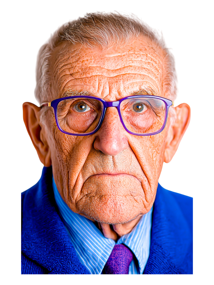 Portrait of Elderly Man with Glasses and Serious Expression in Blue png