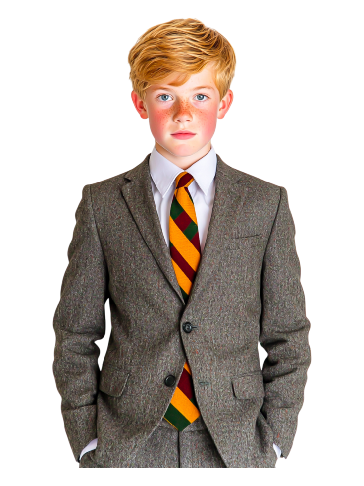 Stylish Young Boy in Formal Suit with Colorful Tie png