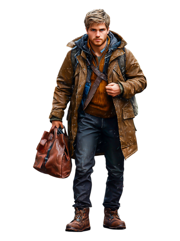 Young Man in Brown Jacket with Backpack and Bag in Winter Setting png