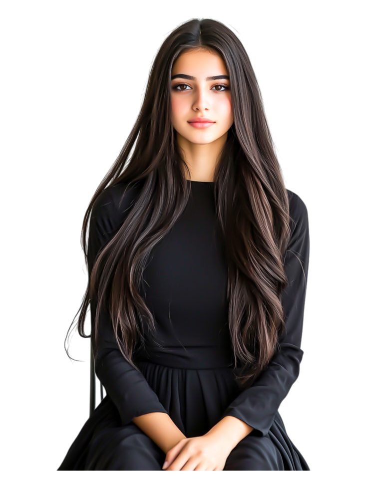 Elegant Young Woman with Long Black Hair in Simple Black Outfit png