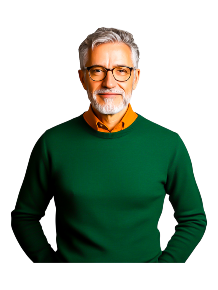 Mature man with glasses and gray hair in green sweater portrait png