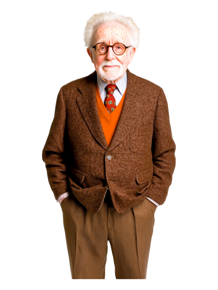 Elderly gentleman in stylish outfit with glasses and confident smile png