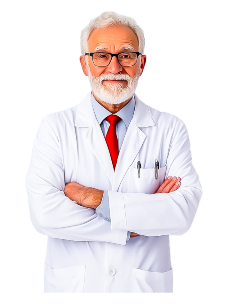 Confident Senior Doctor in White Coat with Glasses and Red Tie png