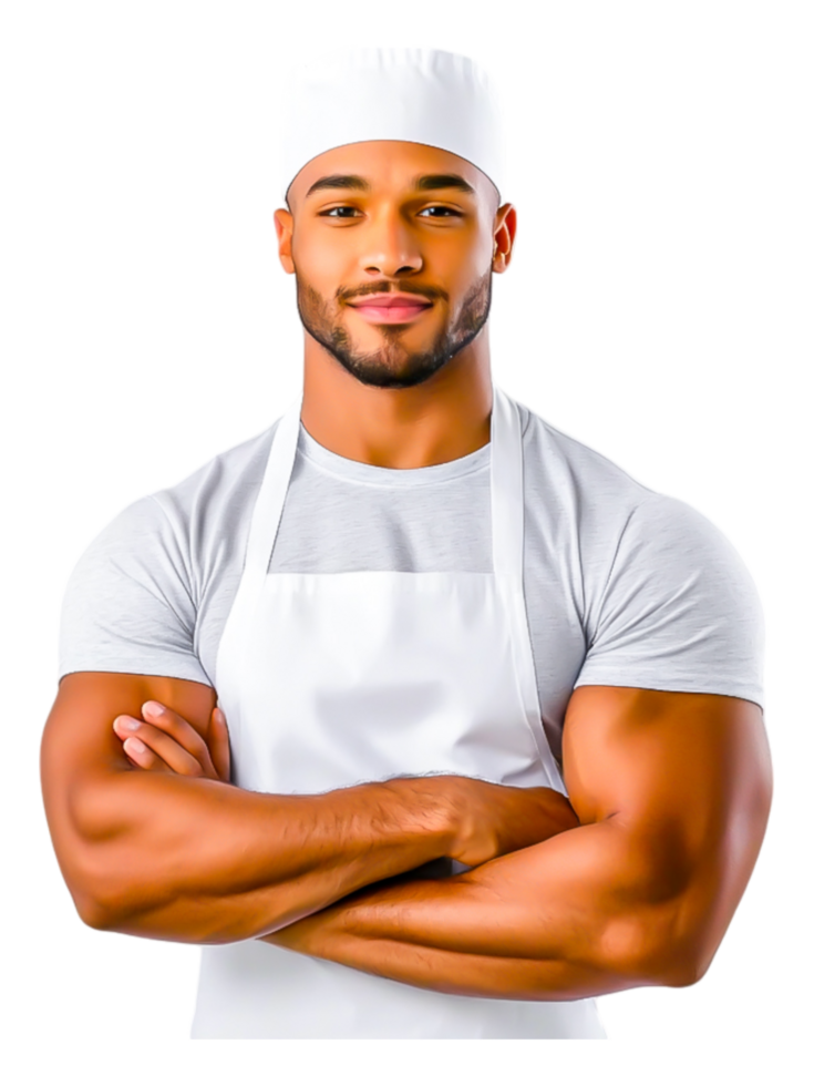 Confident Male Chef with Muscular Build Posing in Kitchen Attire png