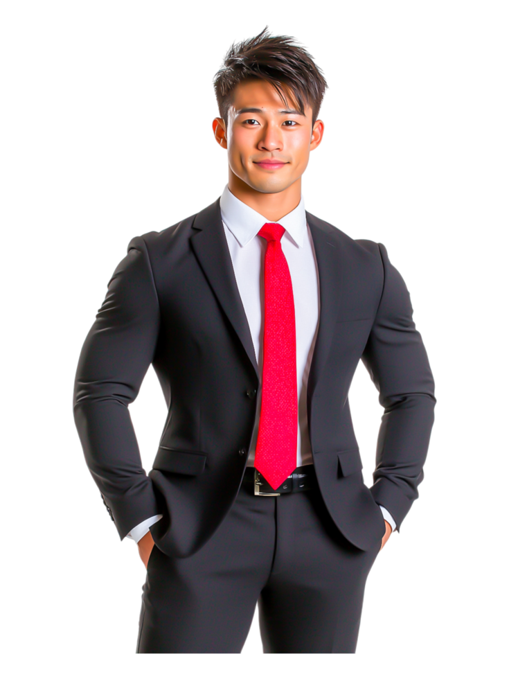 Confident Young Man in Business Suit with Red Tie Smiling Portrait png