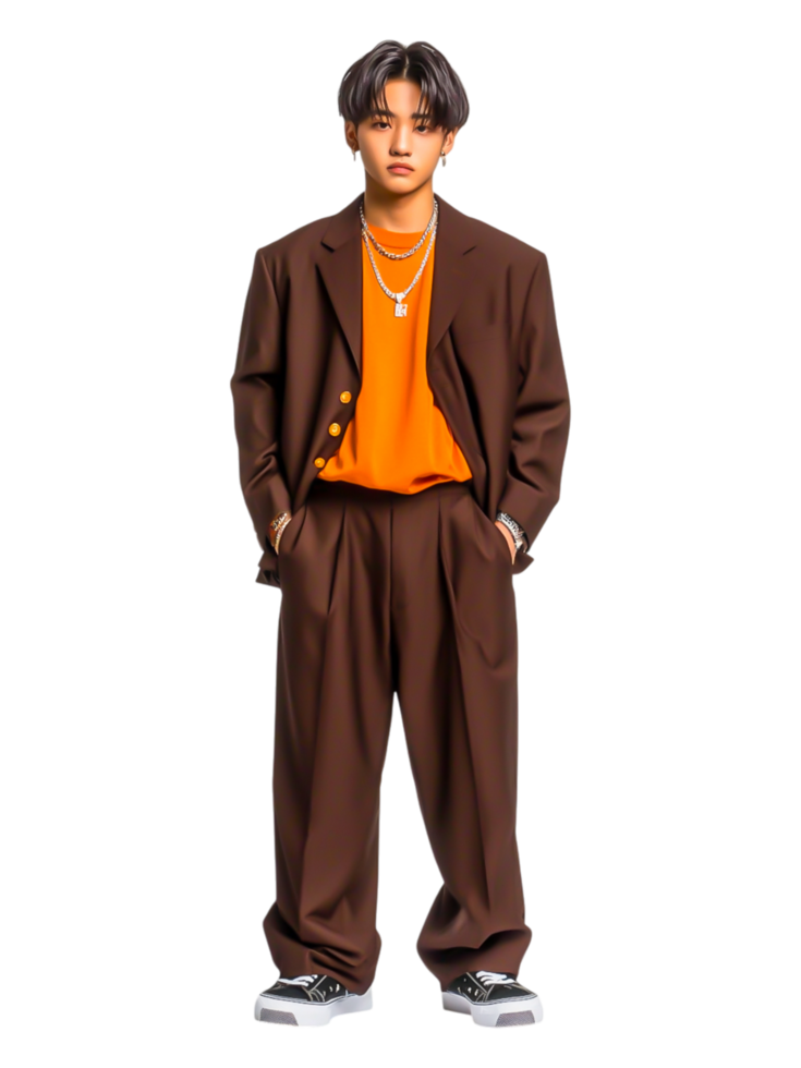 Young Man in Stylish Brown Suit with Orange Shirt and Sneakers png