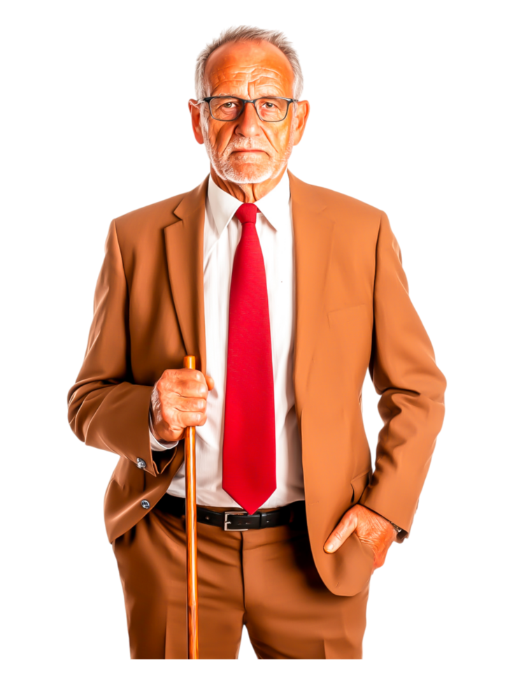 Elderly man in formal attire with cane and glasses portrait png