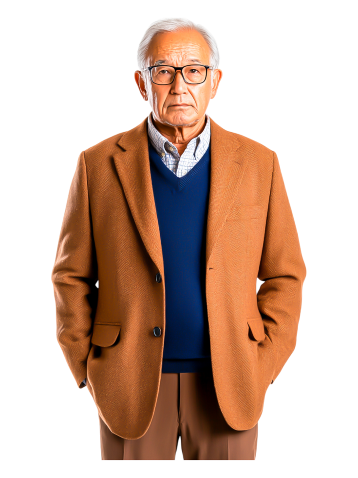 Elderly man in brown coat and glasses with serious expression png