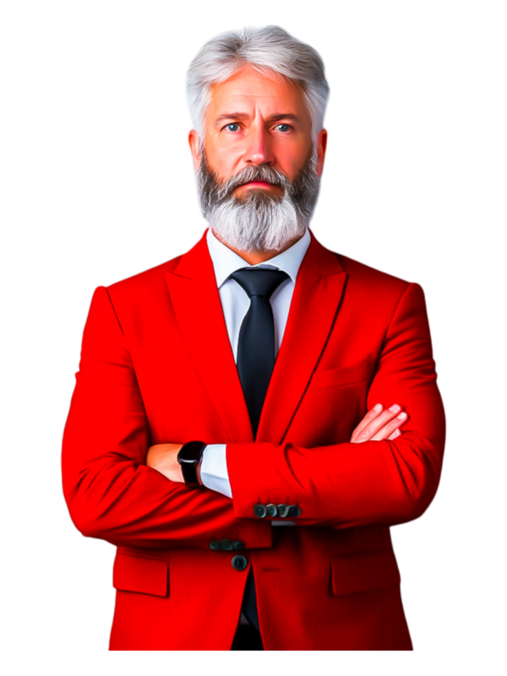 Confident Businessman in Red Suit with Gray Beard and Serious Expression png